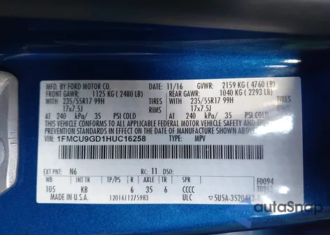 2017 Ford Escape Se z USA, uszkodzony, nr VIN 1FMCU9GD1HUC16258